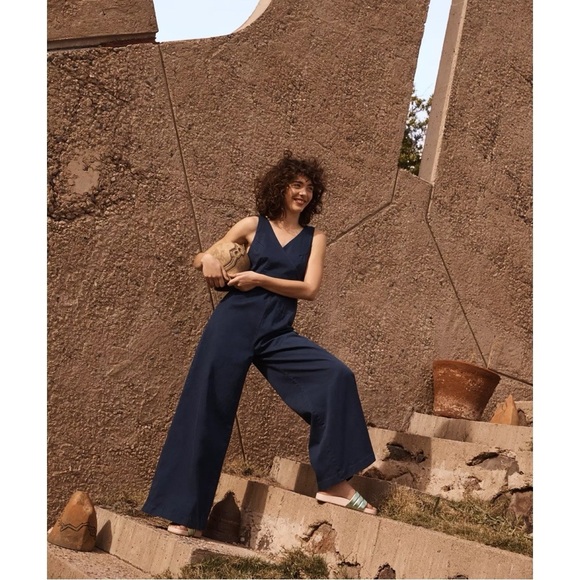 Anthropologie • Chino Jumpsuit navy blue wide leg wrap tie waist stretch twill - Picture 5 of 10